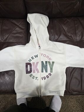 DKNY Kids White Zip-Up Hoodie with Pink & Green Logo